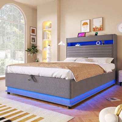 Gestoffeerd bed 140x200 cm - met USB Type-C oplaadfunctie - met LED-verlichting - opklapbare opbergruimte - zonder matras - grijs
