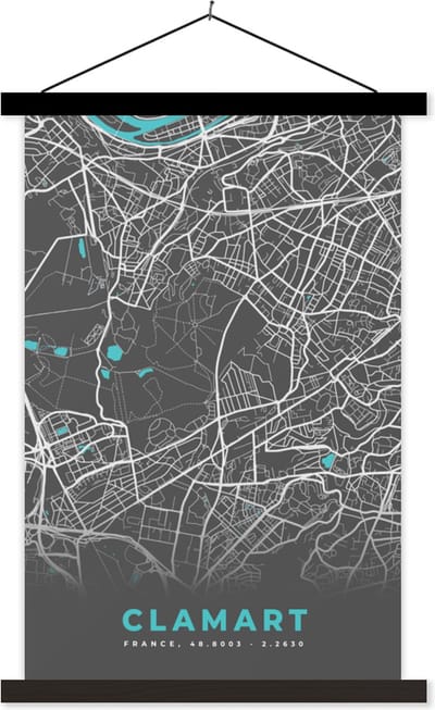 Posterhanger incl. Poster 40x60 cm - Schoolplaat - Clamart - Plattegrond - Kaart - Stadskaart - Frankrijk - Textielposter - Zwarte latten - Stadskaart