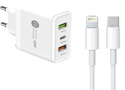 45W USB Oplader met PD25W + 2X QC3.0 Snellaadpoorten Adapter Lader - Snellader - Incl. 1M USB-C naar 8-Pin Kabel - wit