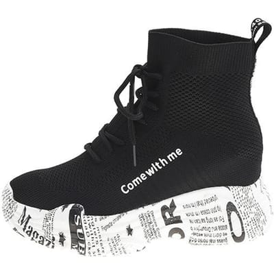 Vliegend Geweven Elastische Witte Schoenen Dames Lente en Herfst Nieuwe Stijl met Krantenbodem High-Top Schoenen Hoge Hakken Muffin Sokken Schoenen Trend 40 zwart