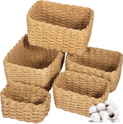 Dailygoody - Gevlochten Opbergmanden - Set van 5 - Stijlvolle opbergoplossing - Beige - Voor kleding en speelgoed - Handgevlochten van papieren touw -
