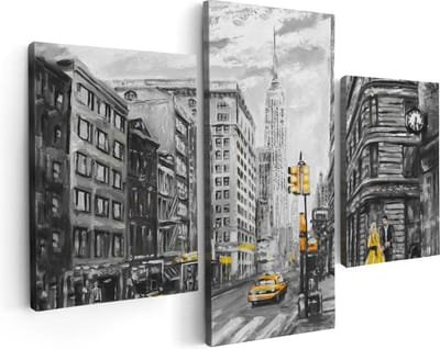 Artaza Canvas Schilderij Drieluik Geschilderde New York Tekening - Zwart Wit - 90x60 - Foto Op Canvas - Canvas Print