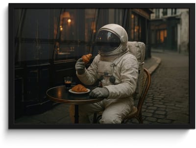 Poster in lijst - Fotolijst 60x40 cm - Posters - Café - Croissant - Koffie - Astronaut - Posterlijst zwart - Decoratie - Wanddecoratie woonkamer - Muurdecoratie slaapkamer