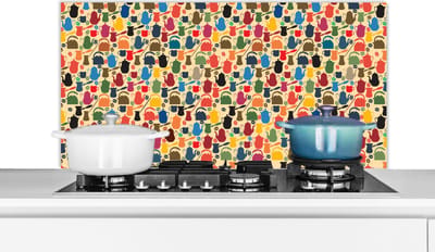 Spatscherm keuken 100x50 cm - Kookplaat achterwand Patronen - Koffie - Theepot - Retro - Muurbeschermer - Spatwand fornuis - Hoogwaardig aluminium