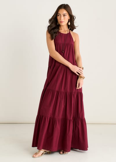 Mulberry gelaagde halter-maxi-trapezejurk