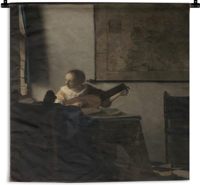 Wandkleed Johannes Vermeer - De luitspeelster - Schilderij van Johannes Vermeer Wandkleed katoen 150x200 cm - Wandtapijt met foto