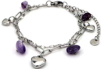 Armband - hartjes met stenen - RVS - 16-21 cm - paars – valentijn – cadeau