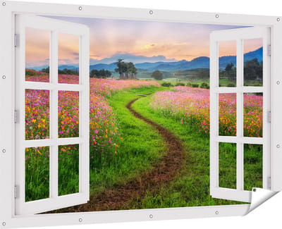 Gards Tuinposter Doorkijk Kosmos Bloemenveld met een Pad - Bloemen - 180x120 cm - Tuindoek - Tuindecoratie - Wanddecoratie buiten - Tuinschilderij