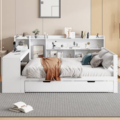 Slaapbank 140x200 cm - met bureau - boekenplank - opbergrek - met stopcontact - met uitschuifbaar bed - wit - zonder matras