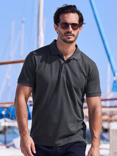 LERROS Poloshirt met ruitvormig jacquardpatroon in tweekleurige look , Maat: S , Kleur: LAVA GREY , 71% katoen, 29% polyester