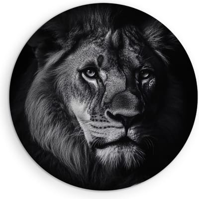 Saammp Muurcirkel Hout - Leeuwen portret - Zwart-Wit - Afrika - Dieren - Natuur - Ø 90 - Wandcirkel - Wanddecoratie Cirkel - Muurdecoratie Woonkamer - Slaapkamer decoratie - Rond Schilderij