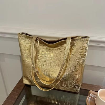 Mode Casual Dames Grote Tote Handtas, Metallic Glanzende Schoudertas met Croco-reliëf voor Dames Dagelijkse Boodschappen goud