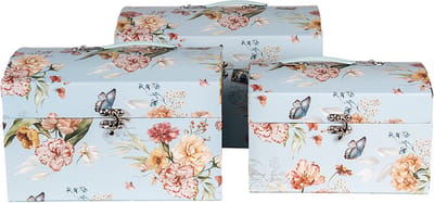 Clayre & Eef Decoratie Koffer Set van 3 30x20x20 /26x18x18/22x15x15 cm Blauw Karton Bloemen