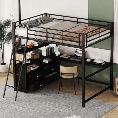 STILVORA Hoogslaper 140x200 - Kinderbed met Stijlvol L-Vormig Bureau en Opberglades - Metaal - Zwart