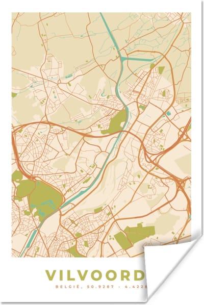 Poster Plattegrond - Stadskaart - Vintage - Vilvoorde - Kaart - 120x180 cm XXL