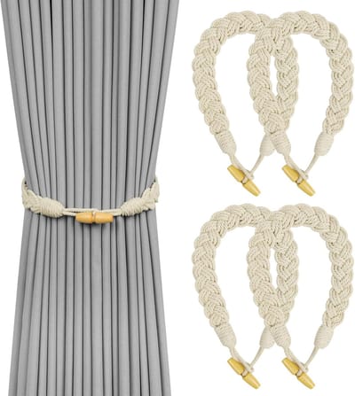 Natuurlijke Katoenen Touw Gordijn Ties - 4 Stuks Gordijn Swag Houder - Hand Gebreide Gordijn Ties - Vlecht Gordijn Ties voor Thuis Hotel Kantoor Gordijn Accessoires - Wit