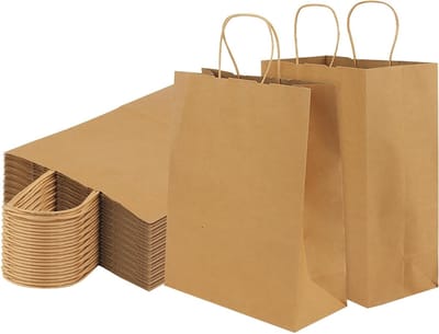 Pack of 50 Grote Bruine Papieren Tassen met Handvat - Kraft Papieren Tassen voor DIY - Winkelverpakkingen - Verjaardagsgeschenken - Retail, 26 x 12 x 33