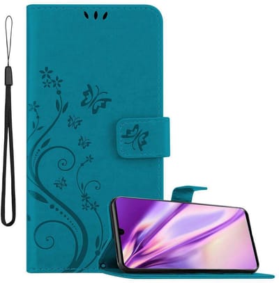 Cadorabo Hoesje geschikt voor Huawei P30 PRO in BLOEMEN BLAUW - Beschermhoes in bloemmotief met magnetische sluiting, standfunctie en kaartsleuven Book Case Cover Etui