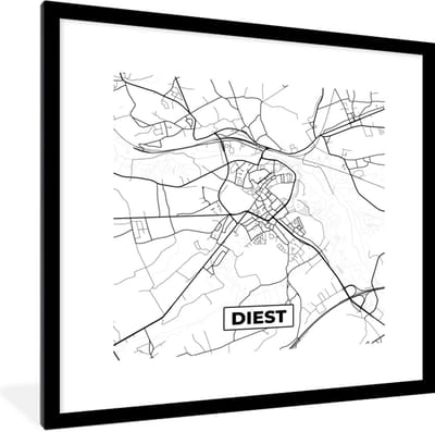 Fotolijst incl. Poster Zwart Wit- Zwart Wit – België – Plattegrond – Stadskaart – Kaart – Diest - 40x40 cm - Posterlijst