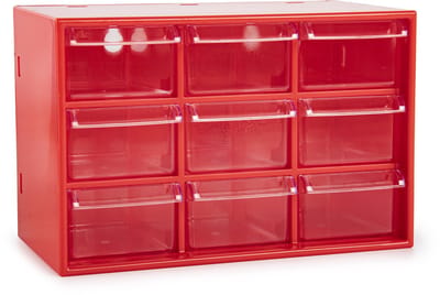 Plasticforte Sorteerbakjes spijkers/schroeven - 9x lades - 18.5 x 10 x 12 cm - opbergkastjes - ophangbaar - rood/transparant