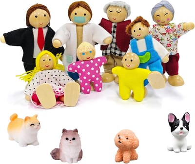 Houten Poppenhuis Figuren Set - 13 Delige Familie, Huisdieren en Accessoires