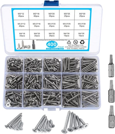 Famanu – Zelfborende RVS schroeven met verzonken kop en torx-aandrijving, geschikt voor hout en droogbouw, diverse lengtes (400 stuks)