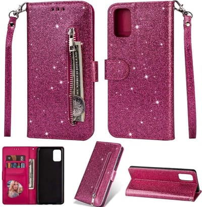 LuxeBass Hoesje geschikt voor Samsung Galaxy A41 Glitter Bookcase hoesje Portemonnee met rits - Roze gsm hoesje - telefoonhoes - telefoonhoesjes