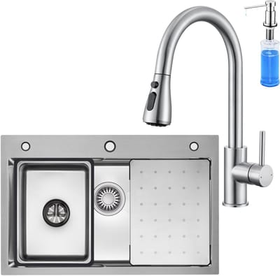 CECIPA max Spoelbak Antraciet 70x45CM - Spoelbak Keuken Met Uittrekbare Uitloop Keukenkraan en Zeepdispenser 300ML- Multifunctionele Spoelbak - Spoelbak Met Afdruiprek - Wasbak Keuken - RVS
