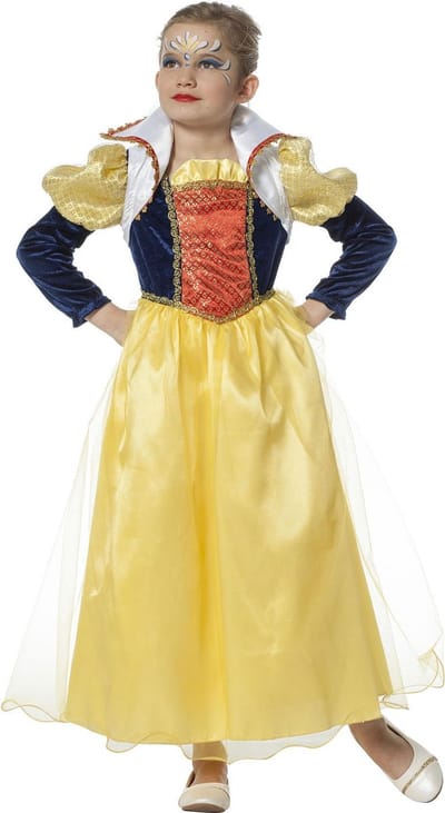 Wilbers & Wilbers - Sneeuwwitje Kostuum - Sprookjesprinses Lang Mooiste Van Het Land - Meisje - Geel - Maat 104 - Carnavalskleding - Verkleedkleding