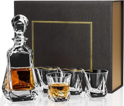 Thuys – Whisky Glazen en Karaf –Set 650 ml Kristallen Whiskey Decanter – Met 4x210 ml Whiskyglas –Set Van 5 Stuks