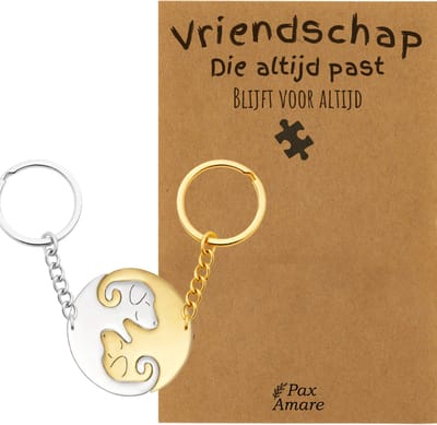 BFF Sleutelhanger voor 2 'Vriendschap die altijd past' - Schattige Hondjes - Sleutelhanger set op Cadeau Kaartje - Goudkleurig & Zilverkleurig - Vriendschap Symbool - Pax Amare