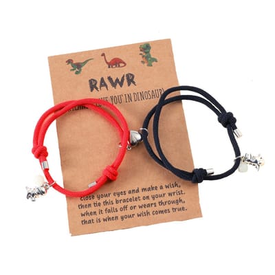 Vriendschapsarmbandjes voor 2 met Magnetisch Hartje, Dino & Glow in the Dark Hangers - Rode/Zwarte Bandjes - BFF Armband op Cadeau kaartje - Pax Amare