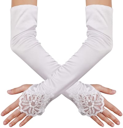NTHProducts - Long Opera Satin Lace Fingerless Elbow Length Gloves - Vintage Stijl - Wit - Vrouwenhandschoenen - Bruiloft en Feest - 48cm