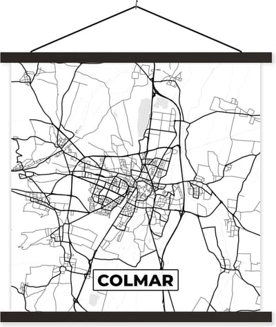Posterhanger incl. Poster 60x60 cm - Schoolplaat - Frankrijk - Kaart - Colmar - Plattegrond - Stadskaart - Zwart wit - Textielposter - Zwarte latten - Stadskaart