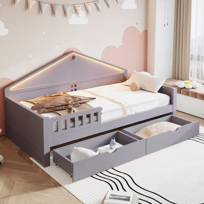 MODFU Bedframe 90x200 cm – Grijs massief hout/MDF – Met 2 lades & LED (smartphone) – Incl. lattenbodem – 150 kg