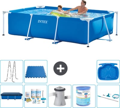 Intex Rechthoekig Frame Zwembad - 260 x 160 x 65 cm - Blauw - Inclusief Afdekzeil - Onderhoudspakket - Zwembadfilterpomp - Filter - Schoonmaakset - Ladder - Voetenbad - Vloertegels - 9-delig