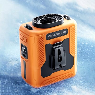 Draagbare heupventilator met clip voor op het shirt, blaast koude lucht, oplaadbaar, 6000 mAh, maximale gebruiksduur van 40 uur, 100 snelheden, 13500 RPM, ideaal voor buitenactiviteiten zoals kamperen, reizen en bouwvakkers (Oranje).