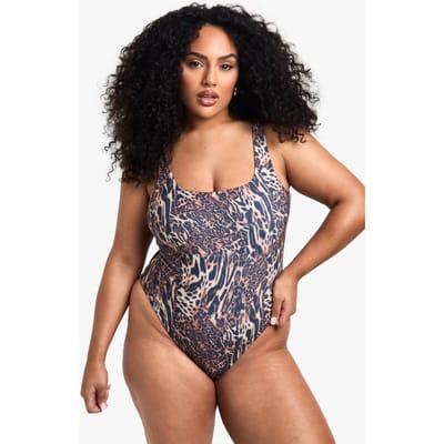 boohoo Dames Plus Swimwear Essentials Luipaard Badpak met Scoop Hals | Leopard | Maat: 22