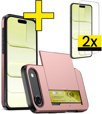 Hoesje Geschikt voor iPhone Air Hoesje Case Pashouder Hard Cover Met 2x Screenprotector - Hoes Geschikt voor iPhone Air Hoesje Met Kaarthouder - Rosé goud