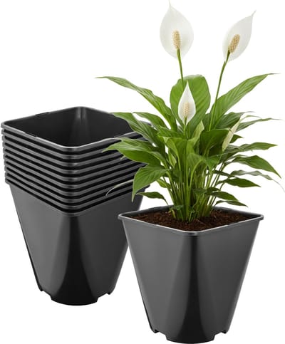 Garronda Set van 10 afgeronde vierkante kunststof kweekpotten met drainagegaten voor tuin (Zwart, 18 x 18 x 20 cm (5L)) GD-KW-SR