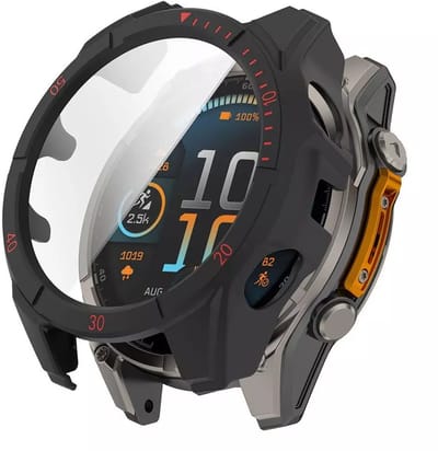Strap-it Hard case hoesje met ingebouwde screen protector - geschikt voor de Garmin Fenix 8 - 47mm AMOLED (zwarte kleur met rode accenten)