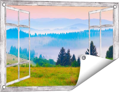 Gards Tuinposter Doorkijk Mistige Heuvel Landschap met Bossen - 60x40 cm - Tuindoek - Tuindecoratie - Wanddecoratie buiten - Tuinschilderij