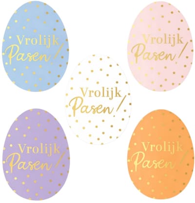 60x Sticker Vrolijk Pasen! - Pastel & Goudfolie - Paasdagen - Paaseitjes - Sluitsticker - Feeststicker - Stickers - Wensetiket Pasen - Traktatie Sticker - Trakteren - 34x45mm - 60 Stuks