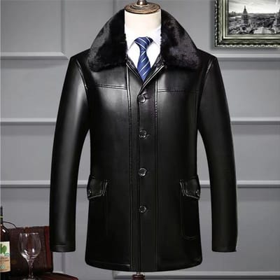 Leren jas voor mannen van middelbare en oudere leeftijd, jas voor heren, medium en lang, winter, fluweel, verdikt, nieuwe heren leren jas 4XL black
