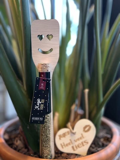 Creaties van Hier - Spatels - Kruidenbuisje - Tekst Kusje voor jou met houten hartje - Hout