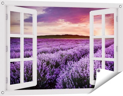 Gards Tuinposter Doorkijk Bloemenveld met Paarse Lavendel - Bloemen - 90x60 cm - Tuindoek - Tuindecoratie - Wanddecoratie buiten - Tuinschilderij