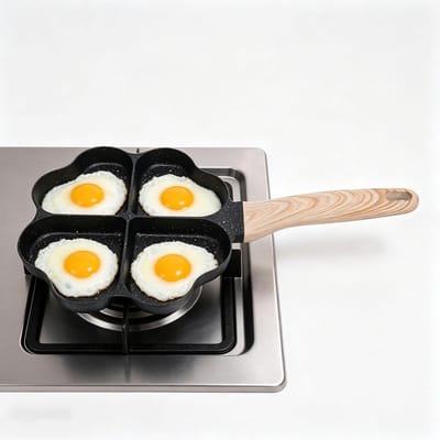 Hartvormige Eierpan - Omeletkoker Spekpan - Ontbijt Maken - Vierkops Gedeeld Ontwerp - 335x17cm - Zwart