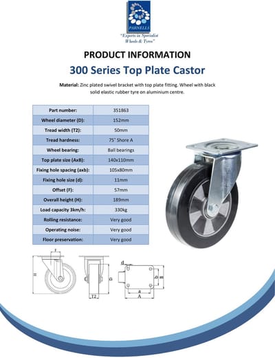 Draaibare zwenkwiel van 152 mm met zwart elastisch rubber op een aluminium wiel