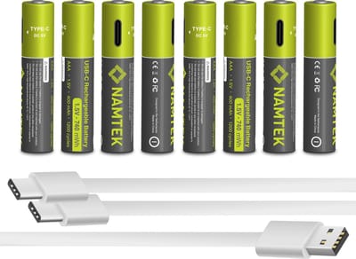Namtek Oplaadbare batterijen AAA 1.5V 740 mWh met USB Type-C Kabel opladen - Lithium USB batterijen - Duurzame Keuze - 8 stuks