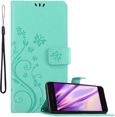 Cadorabo Hoesje geschikt voor LG K8 2018 / K9 2018 in BLOEMEN TURKOOIS - Beschermhoes in bloemmotief met magnetische sluiting, standfunctie en kaartsleuven Book Case Cover Etui